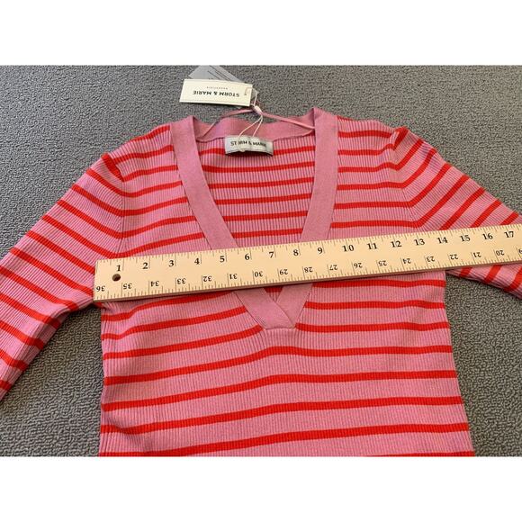 Storm & Marie Women's Large Pink Red Striped‎ Knit Blouse - Picture 5 of 12
